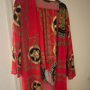Red and Gold Patterned Kimono Bodysuit